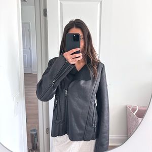 Max Studio Women's Faux Sherpa Leatherette Jacket, Black, Large